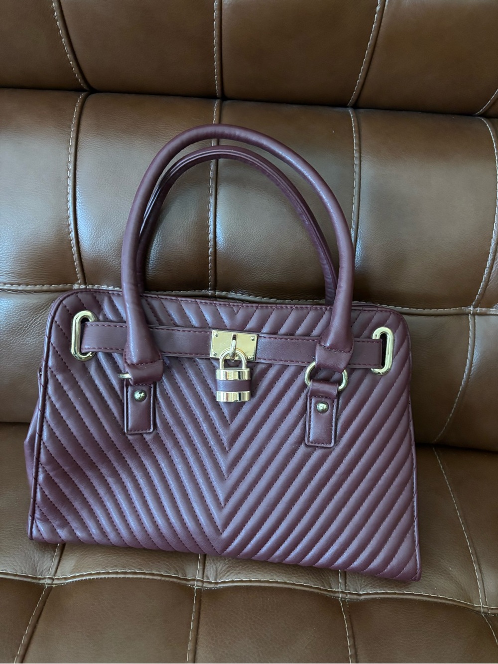 Quilted Chevron Top-Handle Satchel - Burgundy